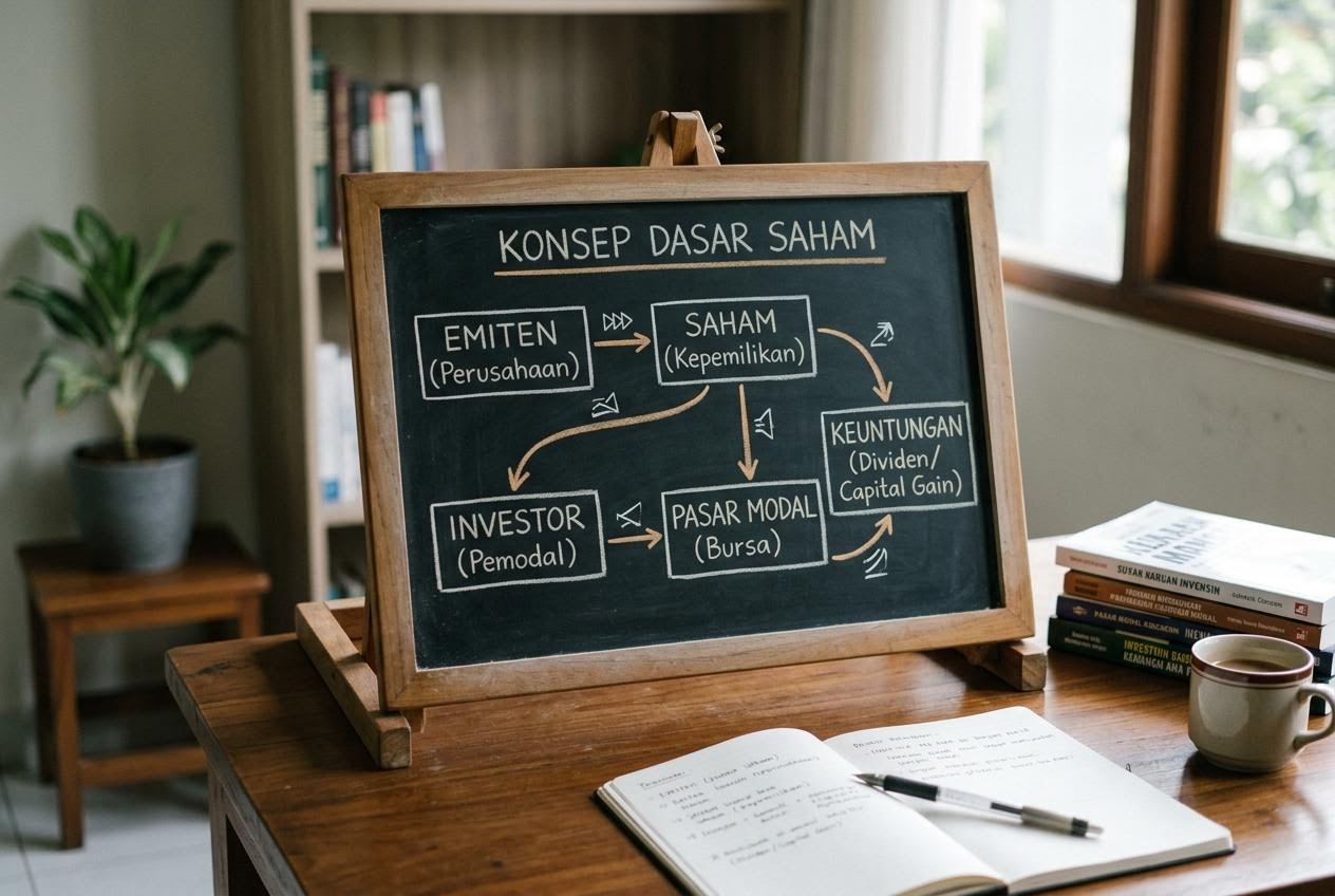 Papan tulis kecil bertuliskan istilah dasar saham dengan diagram sederhana yang menjelaskan hubungan antarkonsep.