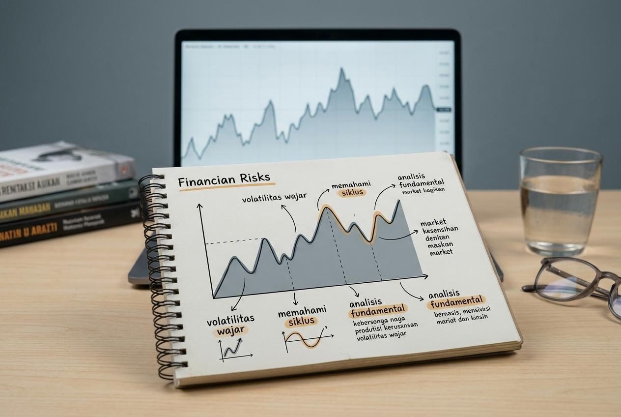 Layar memperlihatkan grafik harga yang bergelombang naik dan turun dengan catatan tangan tentang risiko di sampingnya.